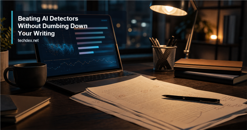 Featured image for Beating AI Detectors Without Dumbing Down Your Writing, showing a desk with manuscript pages and abstract AI analysis on a laptop