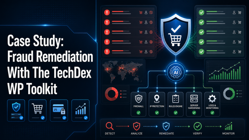 Featured image for a TechDex WP Toolkit fraud remediation case study showing checkout risk detection and protected WordPress operations