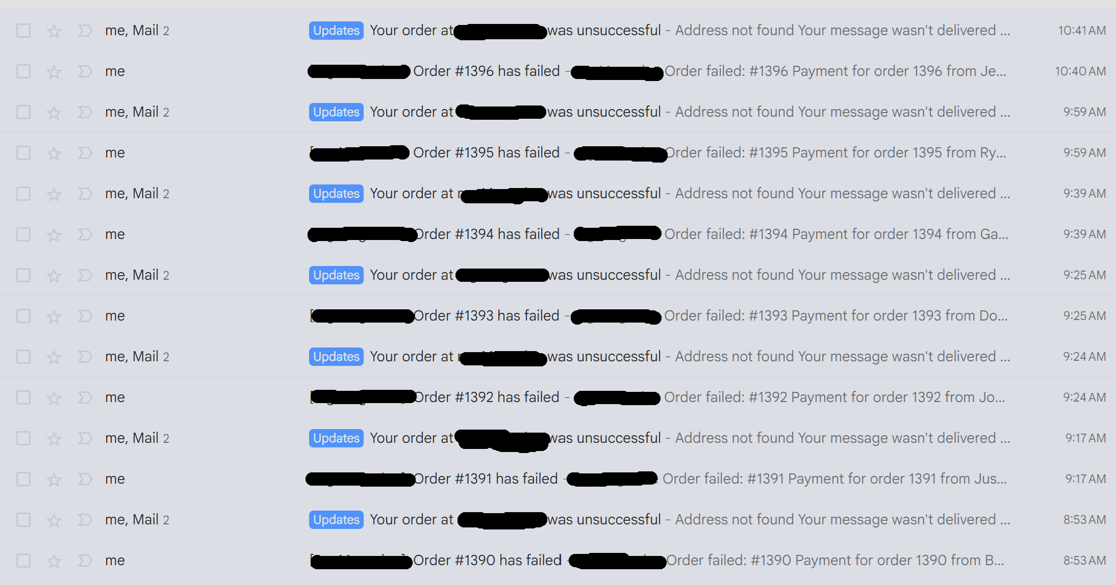 Sanitized screenshot showing repeated WooCommerce failed order and unsuccessful payment emails during a card testing incident