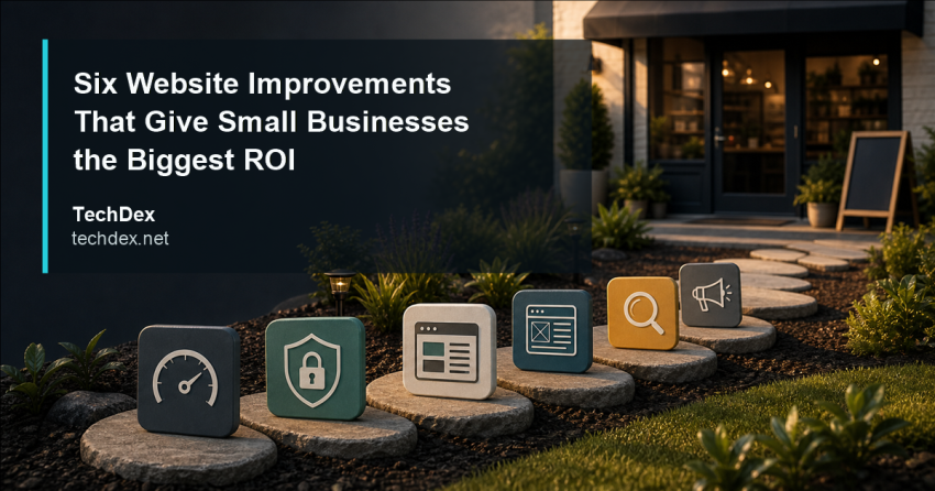 Six Website Improvements That Give Small Businesses the Biggest ROI - TechDex featured image showing six improvement stepping stones leading to a storefront