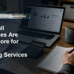 Small business owner reviewing invoices, a calculator, and a laptop dashboard while evaluating tech and marketing service costs