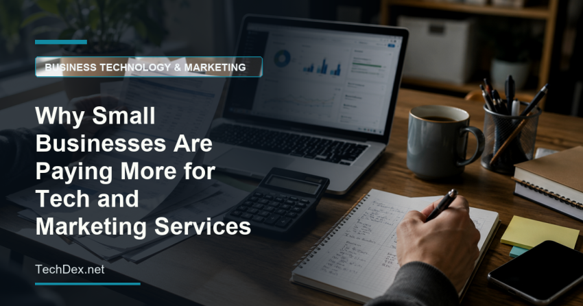 Small business owner reviewing invoices, a calculator, and a laptop dashboard while evaluating tech and marketing service costs