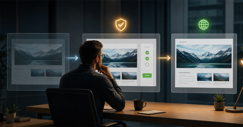 A human operator reviewing a proposed website change before an approval checkpoint