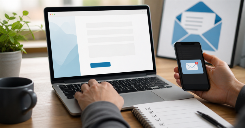 A website contact form test confirmed by a notification on a smartphone
