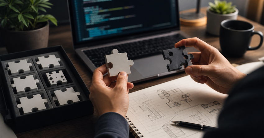 A developer comparing standard plugin pieces with a custom-fitted component