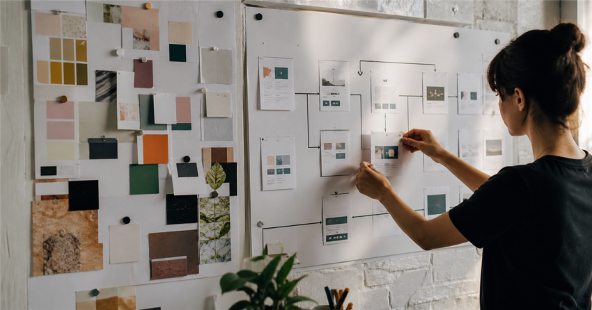 Strategist organizing website content cards into a visitor path beside a separate design mood board