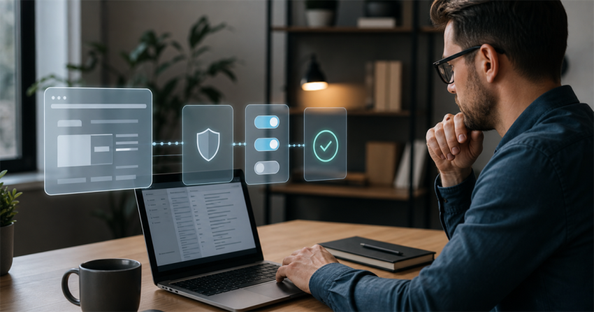 A human operator reviewing controlled website permissions and an approval checkpoint