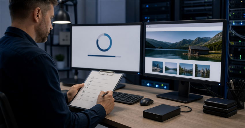 Technician comparing a restored website on two monitors while checking recovery steps
