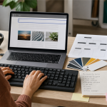 Two evaluators testing a website with a keyboard, headphones, contrast samples, and an accessibility checklist