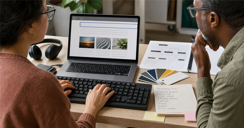 Two evaluators testing a website with a keyboard, headphones, contrast samples, and an accessibility checklist