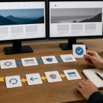 Website operator reviewing forward and rollback paths between before-and-after site states