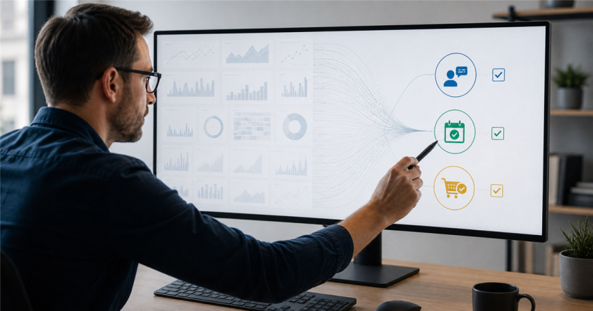 Analyst narrowing many website metrics into inquiry, appointment, and purchase outcome signals