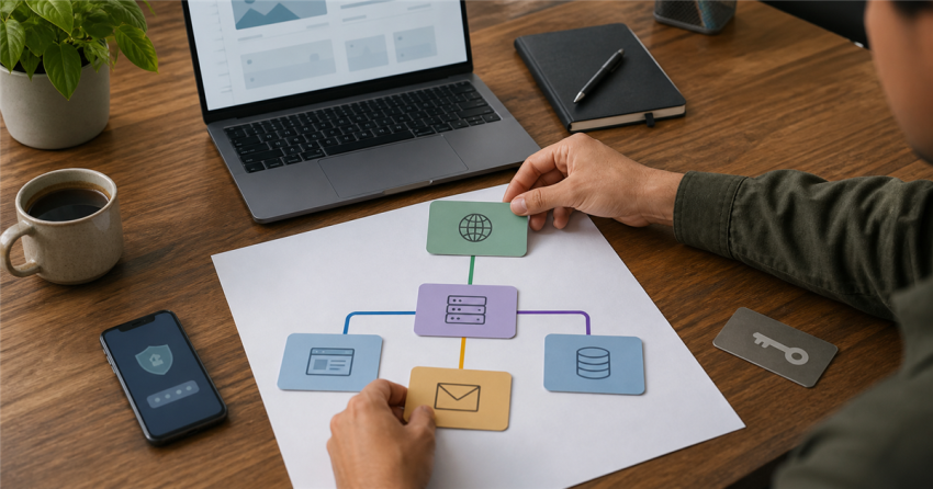 Business owner arranging cards for domain, hosting, email, database, and account access into a website ownership map
