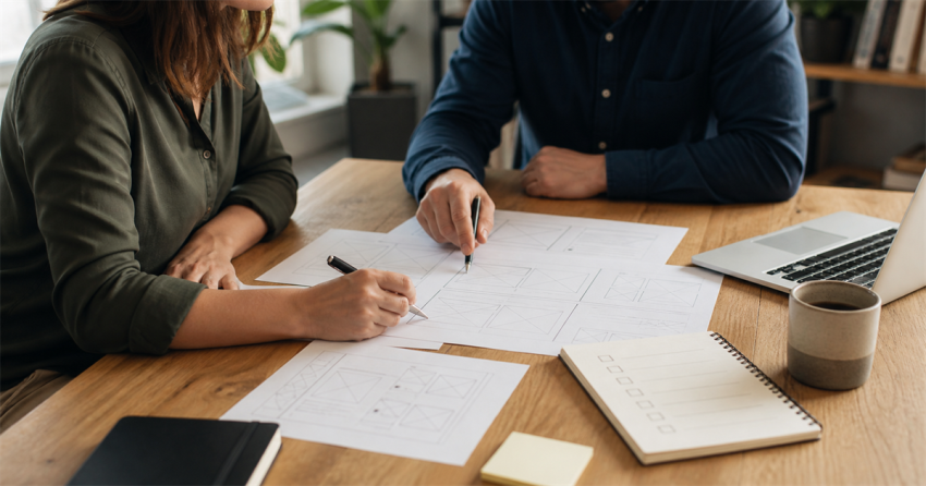 Two people planning a website project brief with page sketches and a checklist