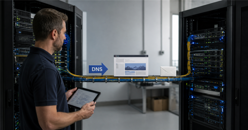 Technician monitoring a website, DNS, and email transfer between two server racks