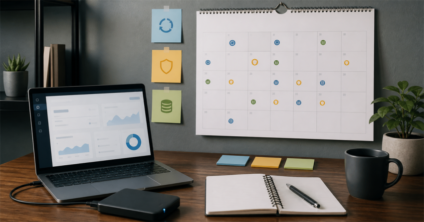 A WordPress maintenance calendar beside a website dashboard and backup drive