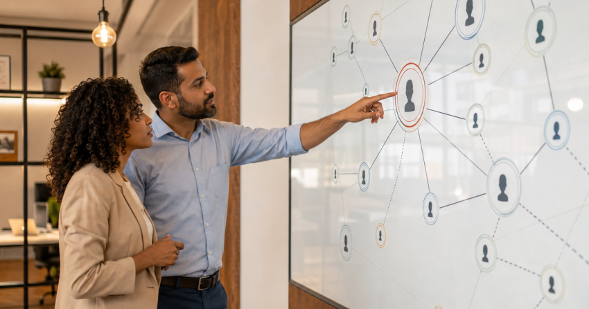 Two colleagues reviewing a visual map of WordPress user access