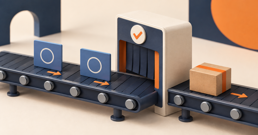 Two matching instruction cards enter one checkpoint with a single parcel on the outgoing conveyor.