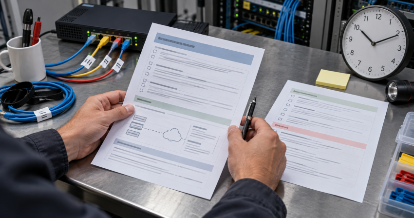 A technician reviews a DNS change plan beside network equipment and a clock.