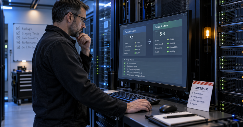 A technician compares PHP runtime versions on a server console with a rollback card nearby.
