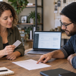 A website owner and contractor review a limited access card beside a laptop.