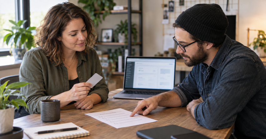 A website owner and contractor review a limited access card beside a laptop.