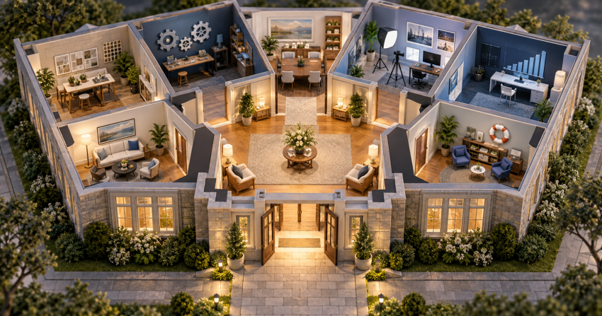 An architectural model shows a welcoming homepage entrance leading to distinct service rooms.