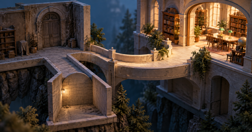 An architectural model connects an old doorway to an open room beside a dead-end passage.