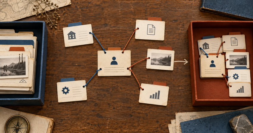 Connected customer, document, and project cards move together between two trays.