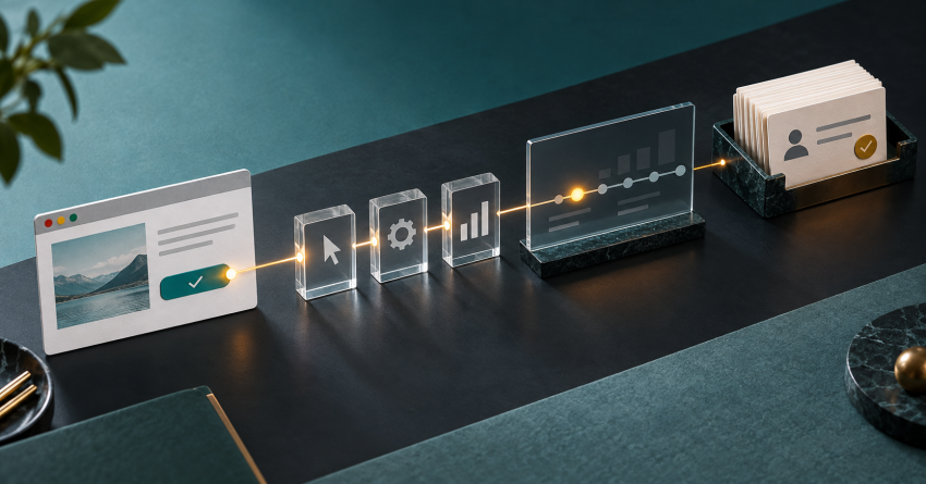 A controlled website action travels from a browser into an analytics event timeline.