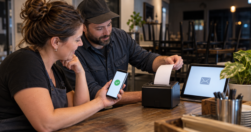 A business owner and technician compare a phone confirmation, email, and printed ticket.
