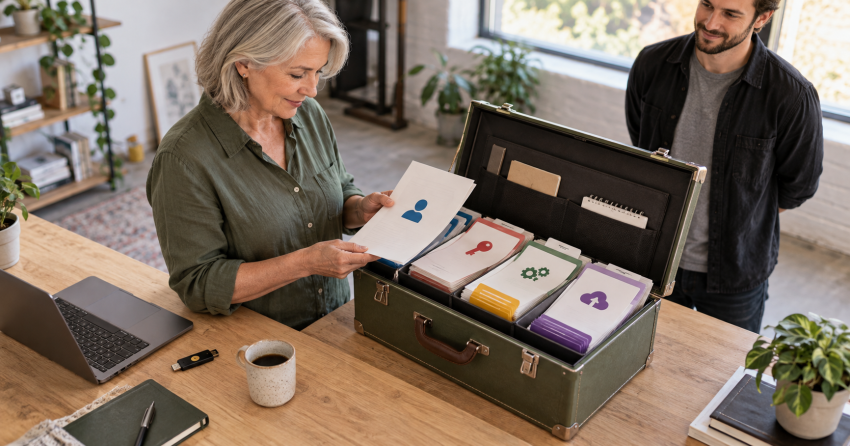 An organized website handoff case contains access, ownership, dependency, and recovery folders.