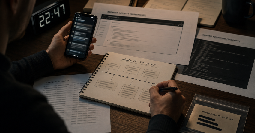 Operator organizing a website incident timeline, screenshots, and sanitized logs