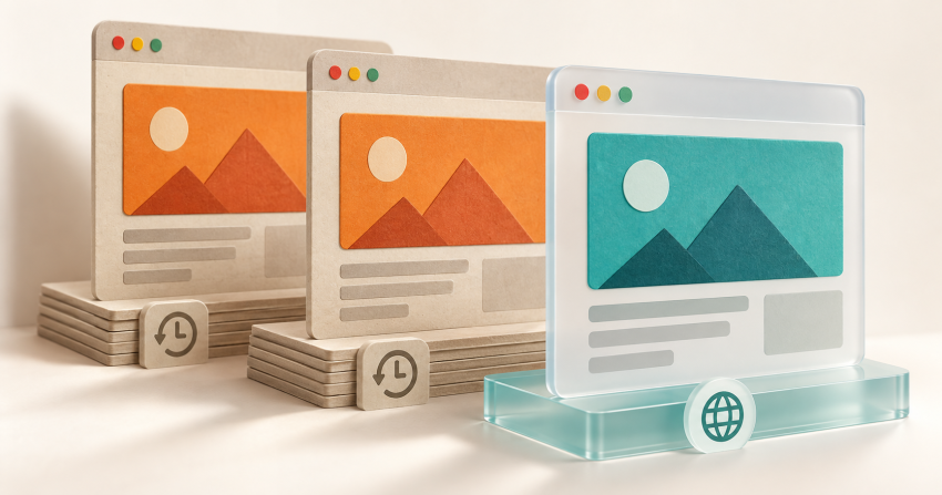 Layered browser panels show older orange content and a newer teal version.
