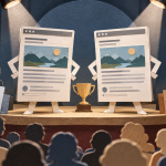 Two similar article pages compete under spotlights while their audience purposes are separated.