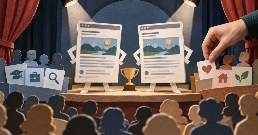 Two similar article pages compete under spotlights while their audience purposes are separated.