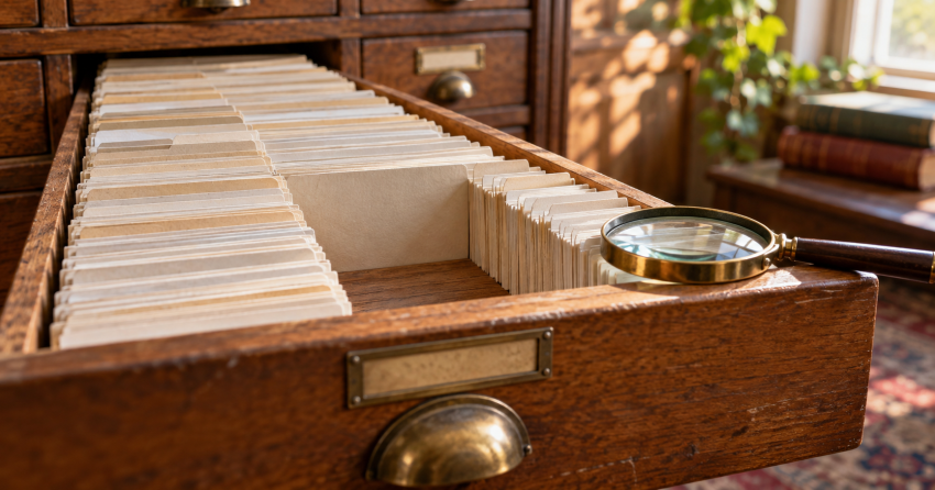A wooden card-catalog drawer has a gap between cards and a magnifying glass at its edge.