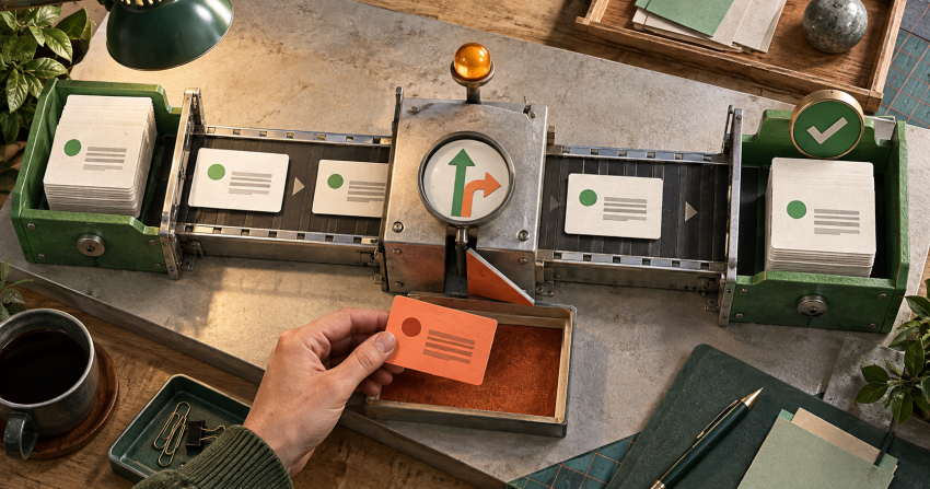 A workflow bench routes regular task cards while a human holds an exception aside.