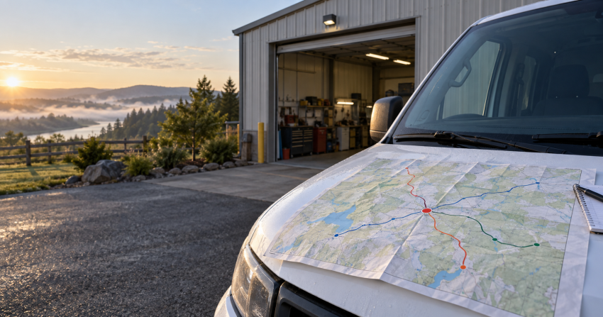 A route map with one central base rests on a service van outside a single depot.
