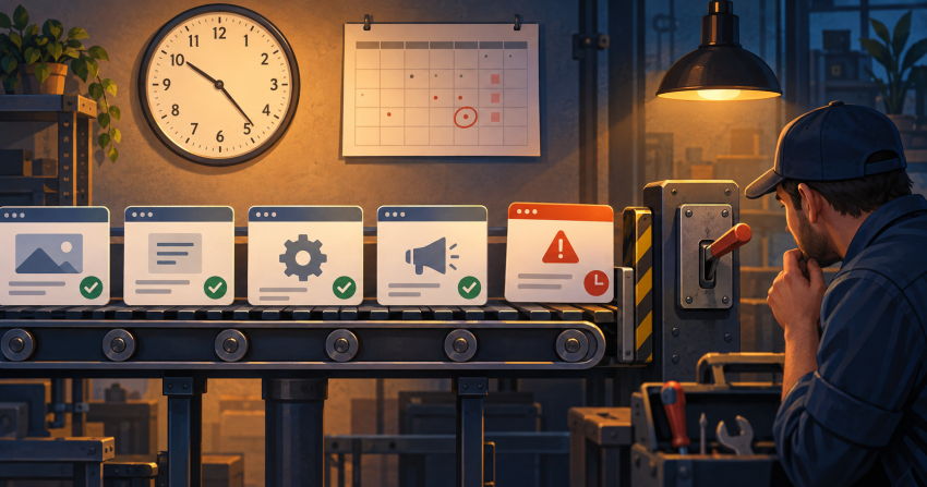 A stopped website task conveyor beneath a clock and calendar, with its trigger switch being inspected.